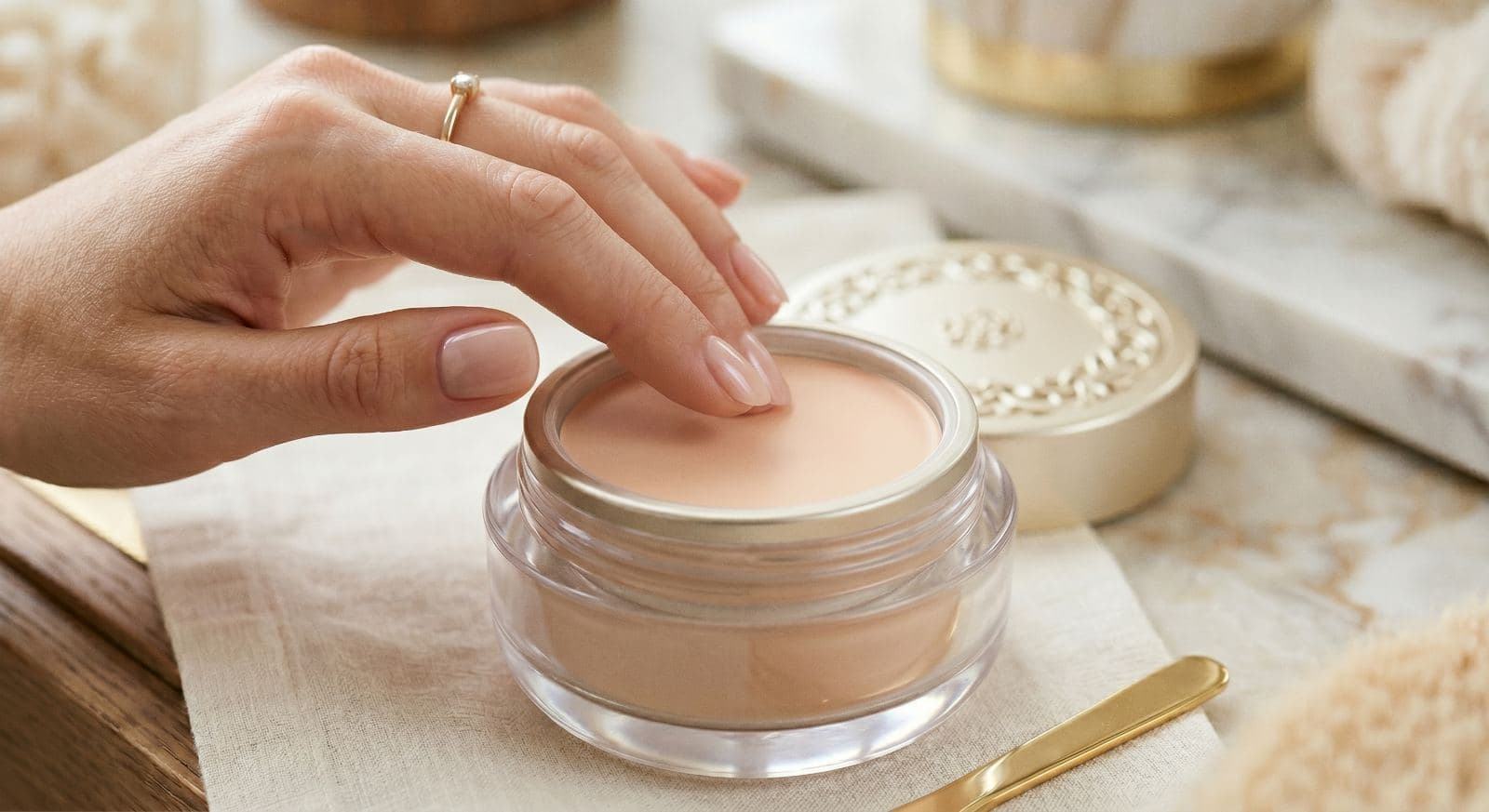 A fingertip dipping into an open jar of makeup primer balm containing Upsalite®