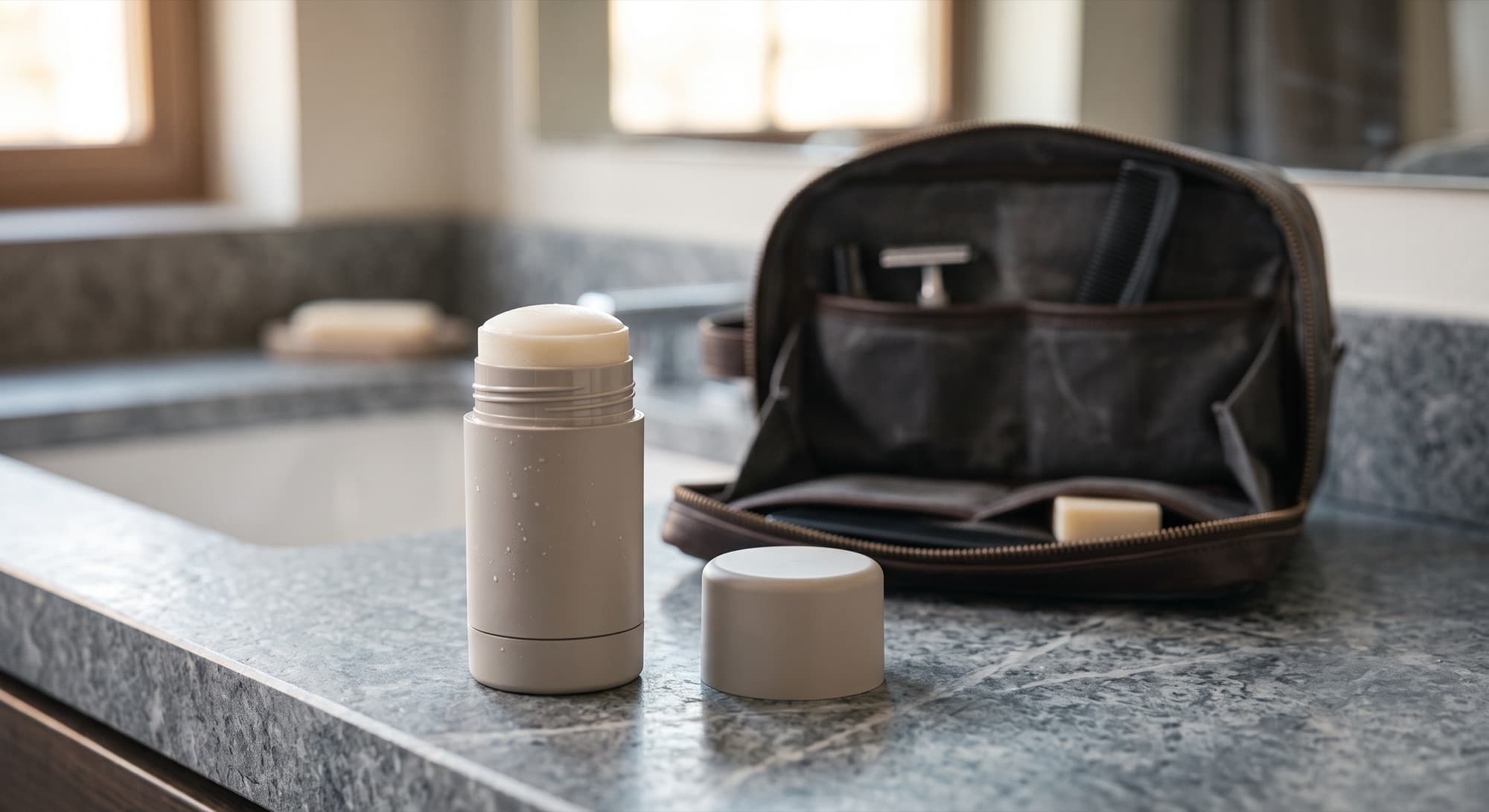 An open deodorant stick on a stone bathroom counter beside a washbag