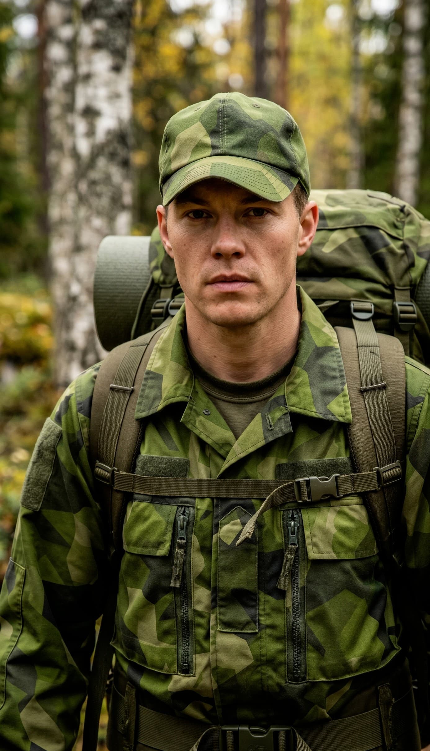 Upsalite® for anti-chafe — soldier in Swedish forest camouflage carrying a field pack